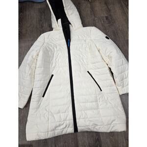 T by Talbots Primaloft Long Cream Ivory Black Puffer Coat Jacket Hooded XL